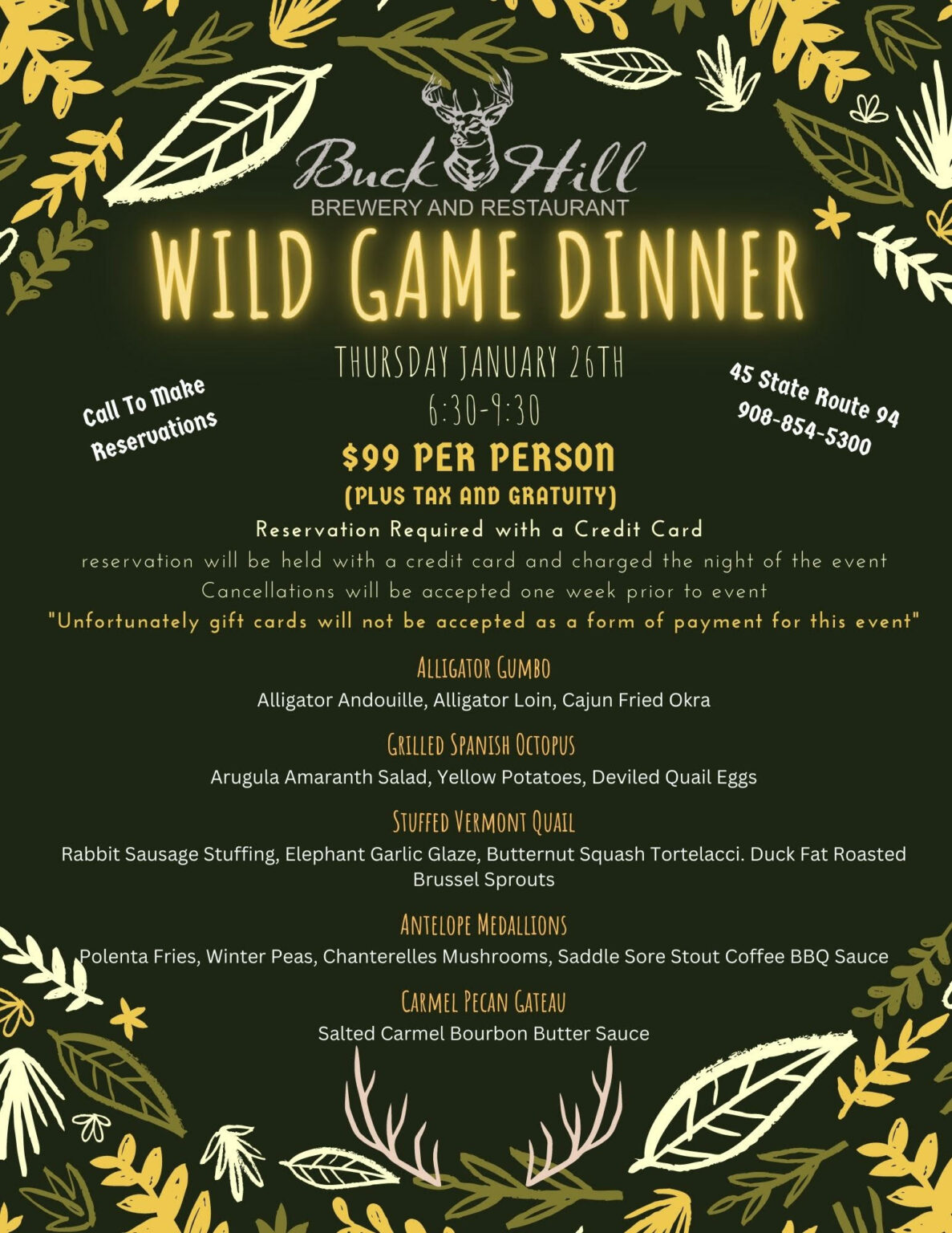 Wild Game Dinner Buck Hill Brewery and Restaurant