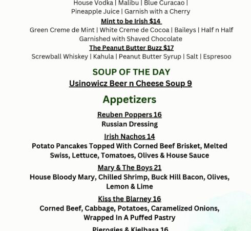 St. Patrick’s Day Menu, Starting March 13
