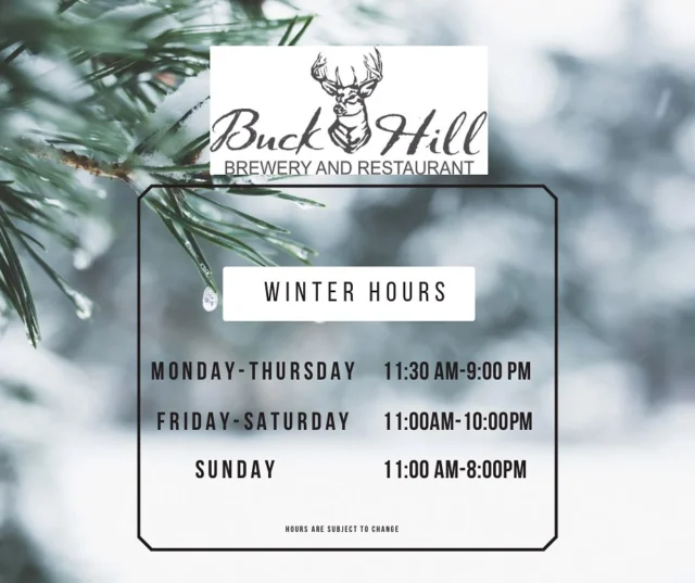 Winter Hours ❄️ OPEN 7 Days a Week so you can enjoy some delicious menu items & craft beer. We have a fantastic Dessert Menu, Mocktail Menu, Craft Cocktail Menu, & a full bar. NEW Wine Menu will be coming out shortly, don’t forget to stop by on Wine Wednesday 🍷 and enjoy half price bottles from 4pm-close!!! #buckhill #buckhillbrewery #craftbeer #craftcocktails #njlocaleats #njbrewery #njbrews #brew #brewery #brewing #beer #beerstagram #beergeek #njeats #njrestaurants #njbrewpub #eatlocal #shoplocal #supportsmallbusiness #supportlocal #mocktails #wine #localfoods #wintervibes